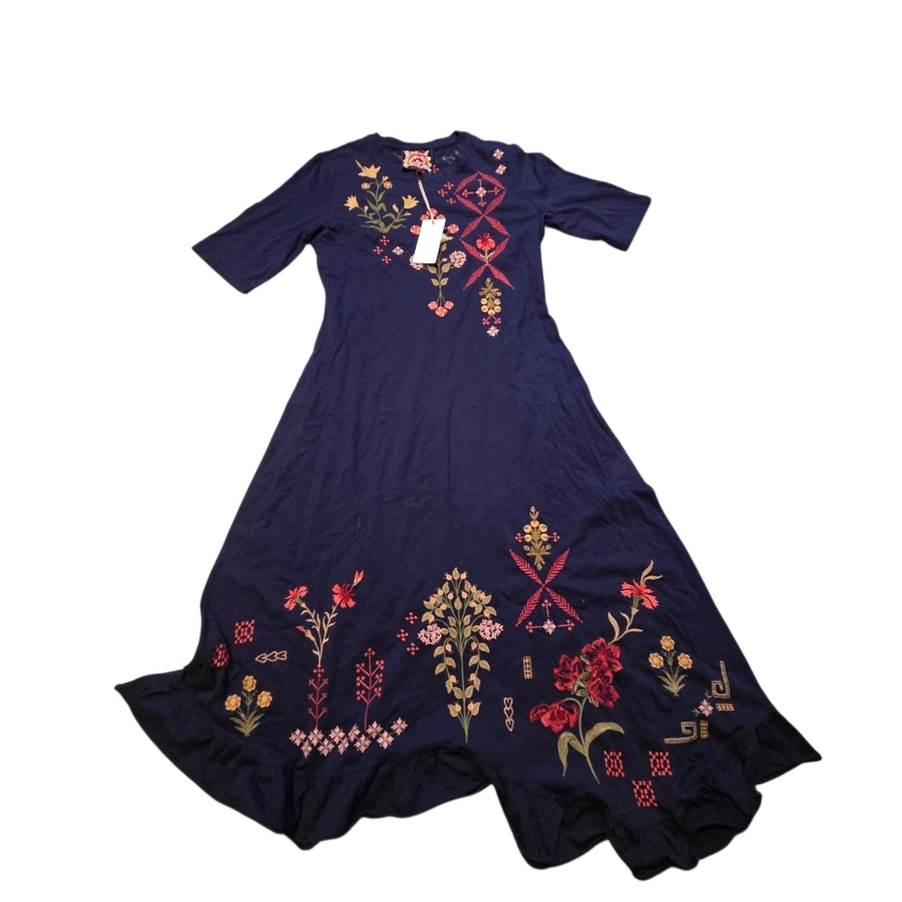 Johnny Was Malaya Short Ruffle Dress Cotton Floral Embroidered Blue Red S NEW
